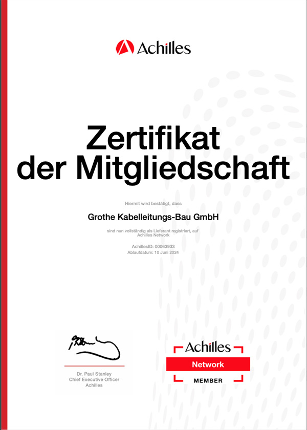Achilles Utilities Nordics & Central Europe Zertifikat für Grothe Bau