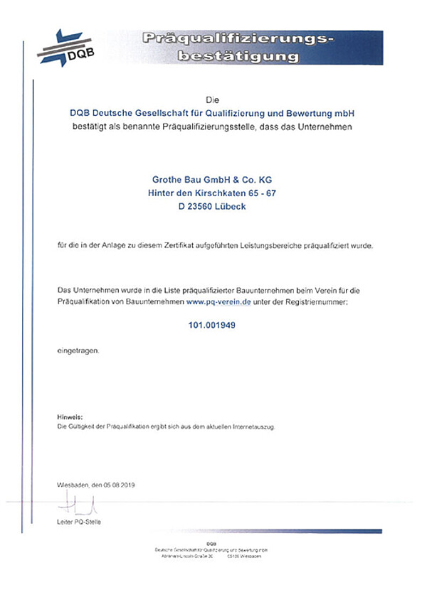 PQ Bescheinigung für Grothe Bau GmbH & Co. KG
